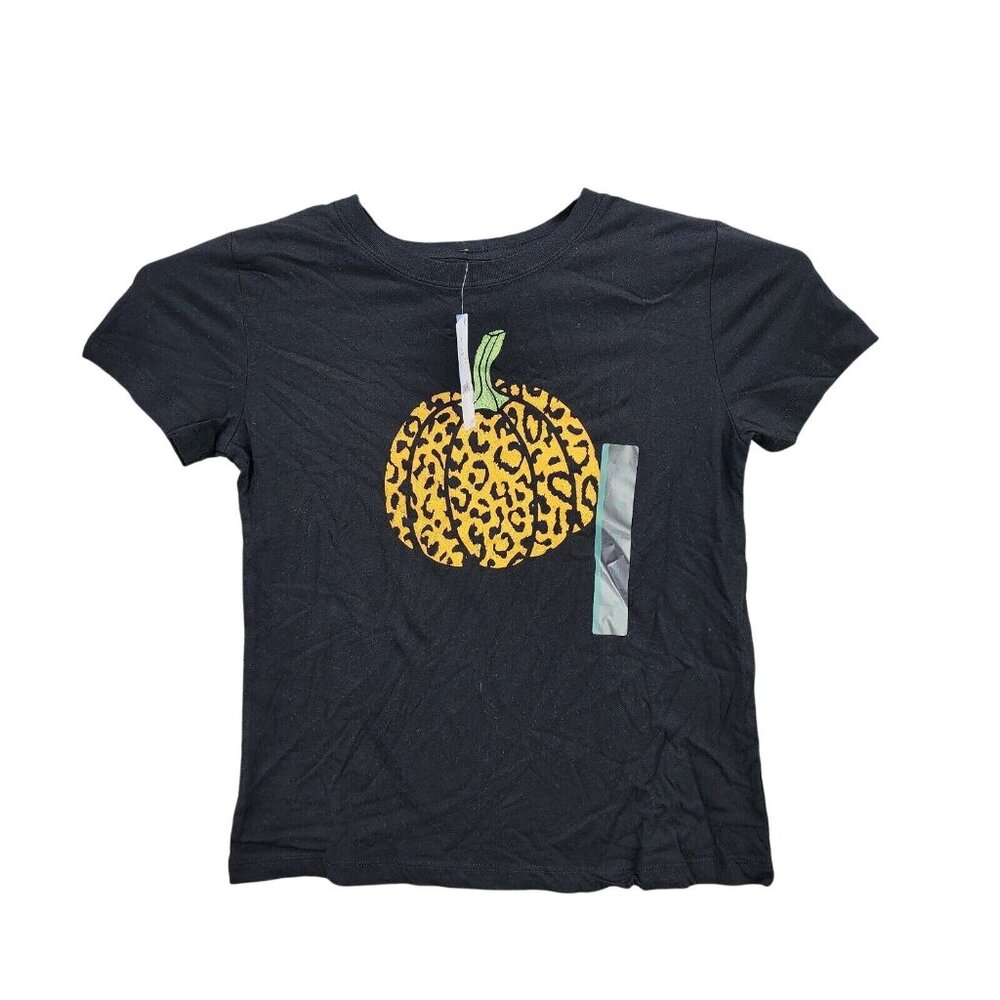 Womens Mighty Fine Black Leopard Print Pumpkin T Shirt Short Sleeve Halloween M